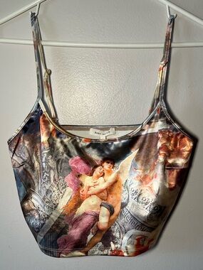Y2K Renaissance ROUND NECK BAROQUE Angels PRINTED SATIN crop top SIZE LARGE